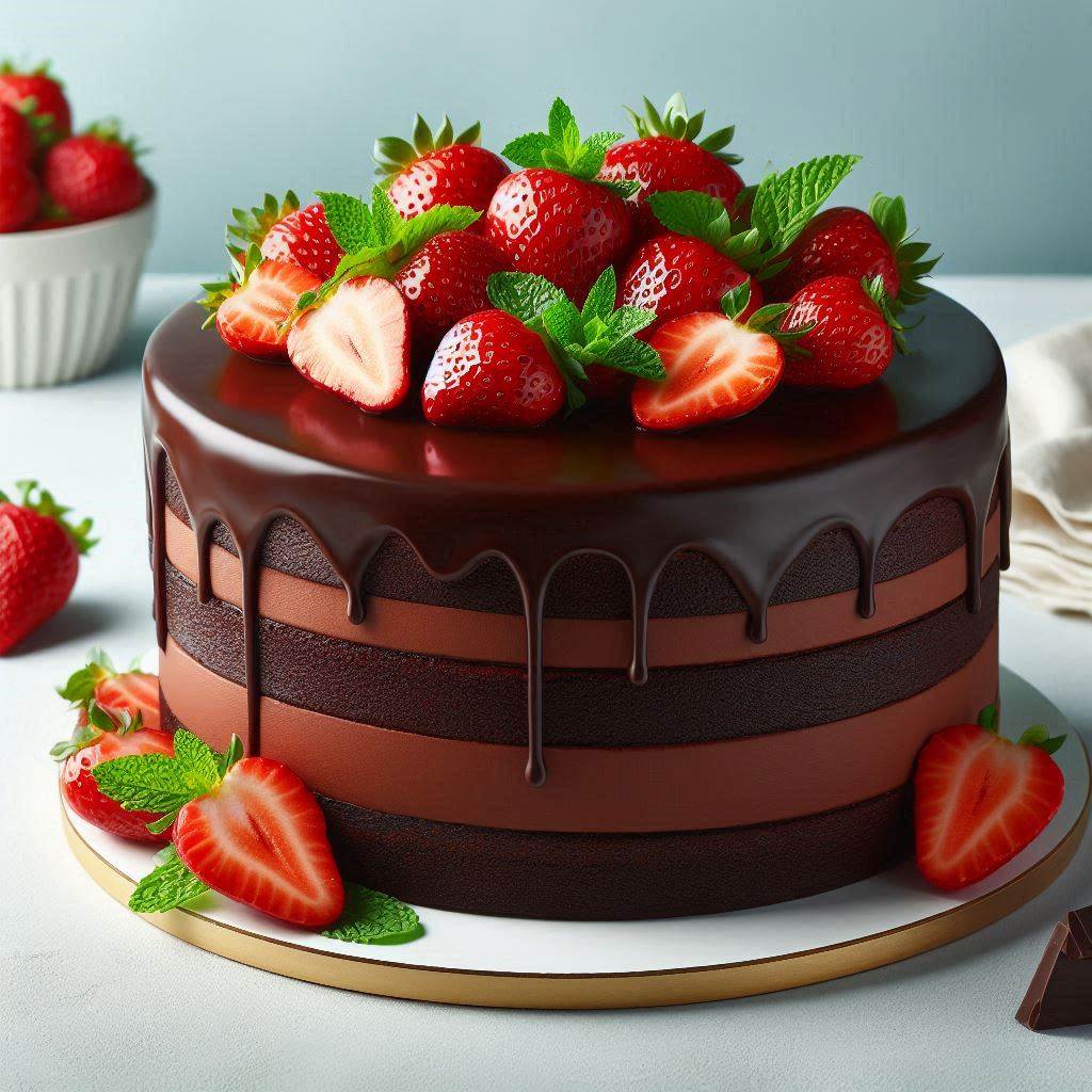 A picture of a rich, layered chocolate cake with chocolate frosting and strawberries on top.