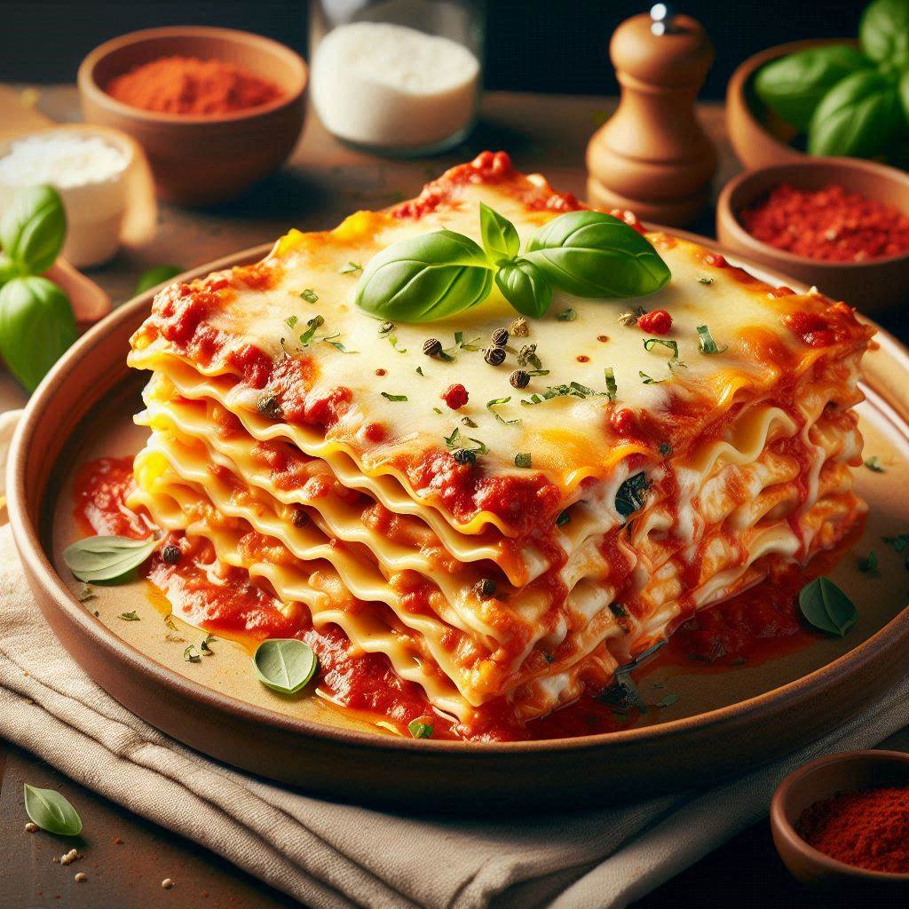 A picture of a slice of a classic italian lasagna dish, decorated 
    with some basil and herbs.