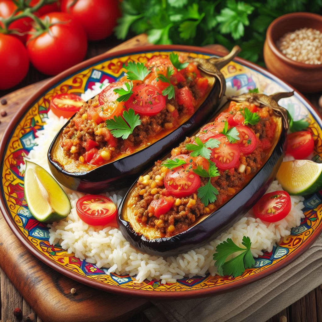 A picture of the prepared stuffed eggplants on a rice bed with some vegetables on the side.